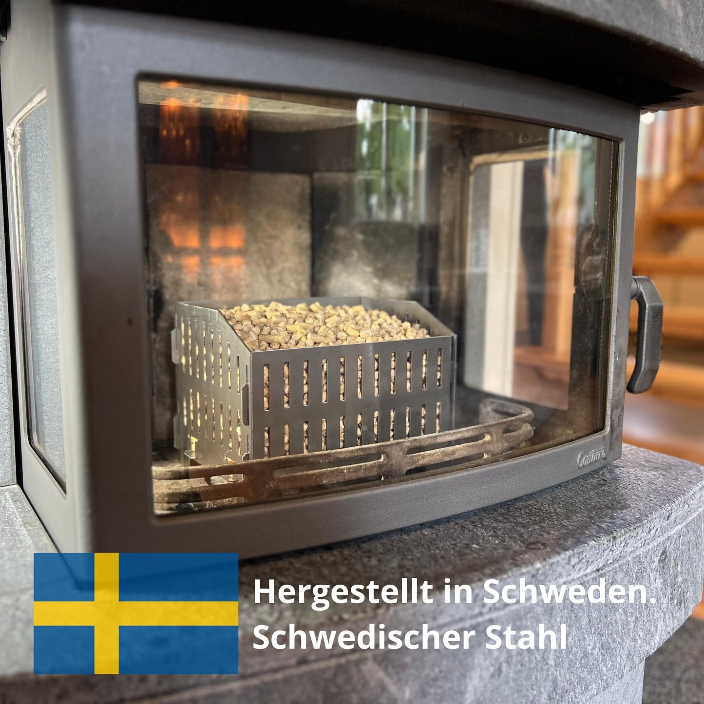 USEFUL SWEDEN Pellet Burning Basket - Burn wood pellets in a wood stove or open fireplace, Swedish steel, 17.7 x 24.0 x 17.0 cm dimensions, 2kg, emergency camping stove