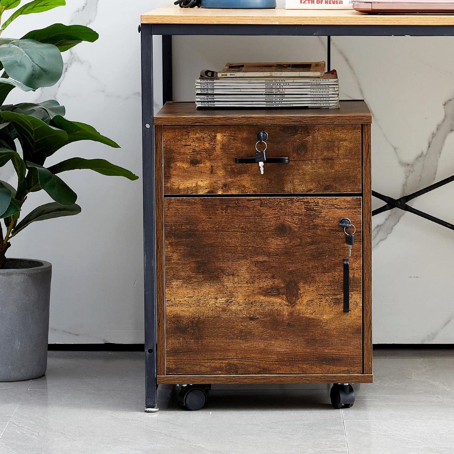 OFCASA mobile file cabinet with 1 drawer and 1 door lockable file cabinet office drawer on wheels industrial wood rolling cabinet for home office 40 x 40 x 55 cm