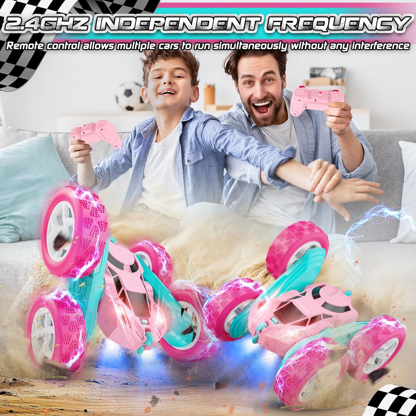 Cosone Remote Control Car for Girls, All-wheel Off-road Stunt RC Car with Headlights, Double-sided 360° Rotating Toy, Gifts for Kids 6+ (Pink)