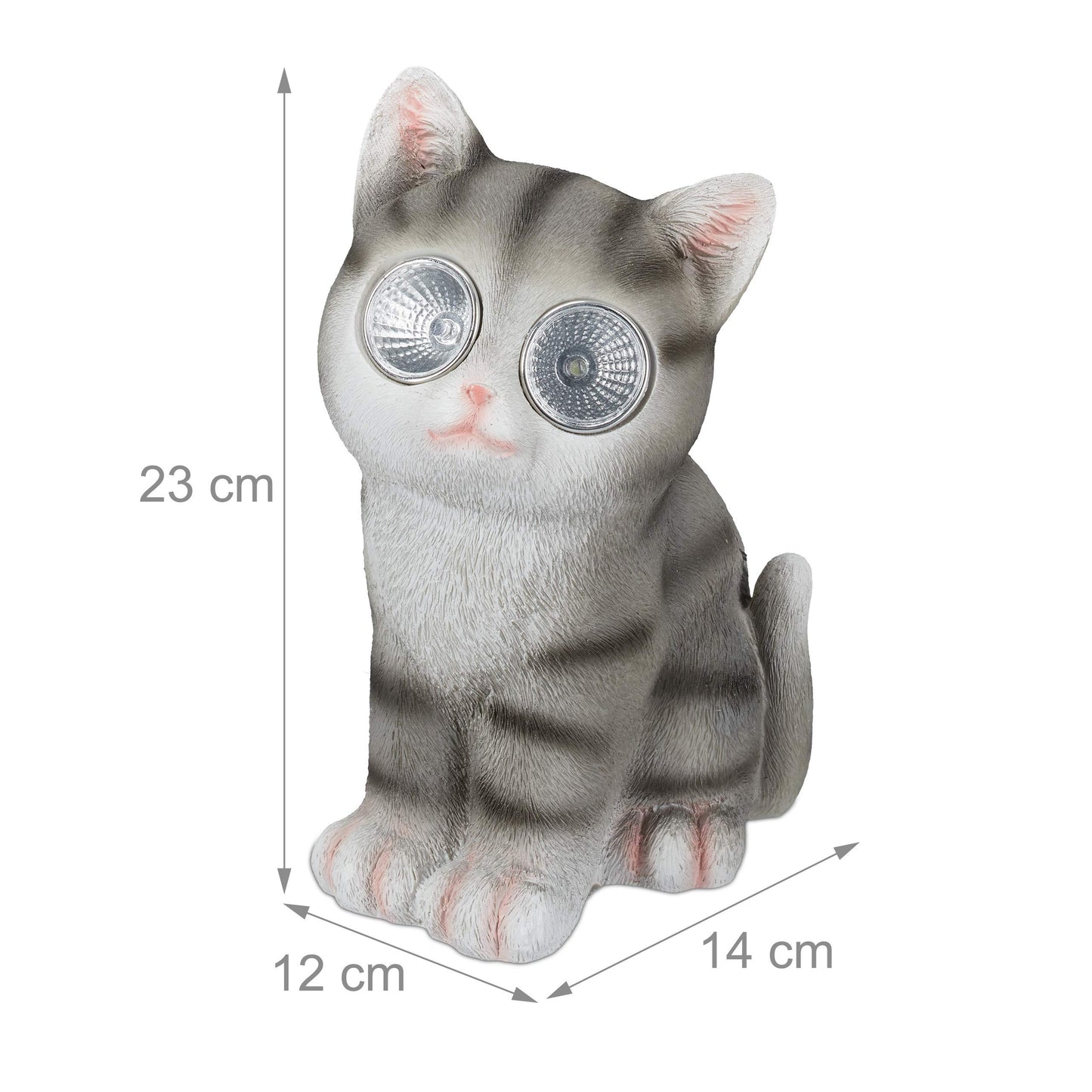 Relaxdays 4 x Garden Figurine Cat, Figure with LED Solar Eyes, Resin, Decoration for Garden, Balcony, HxWxD 23 x 12 x 14 cm, Grey