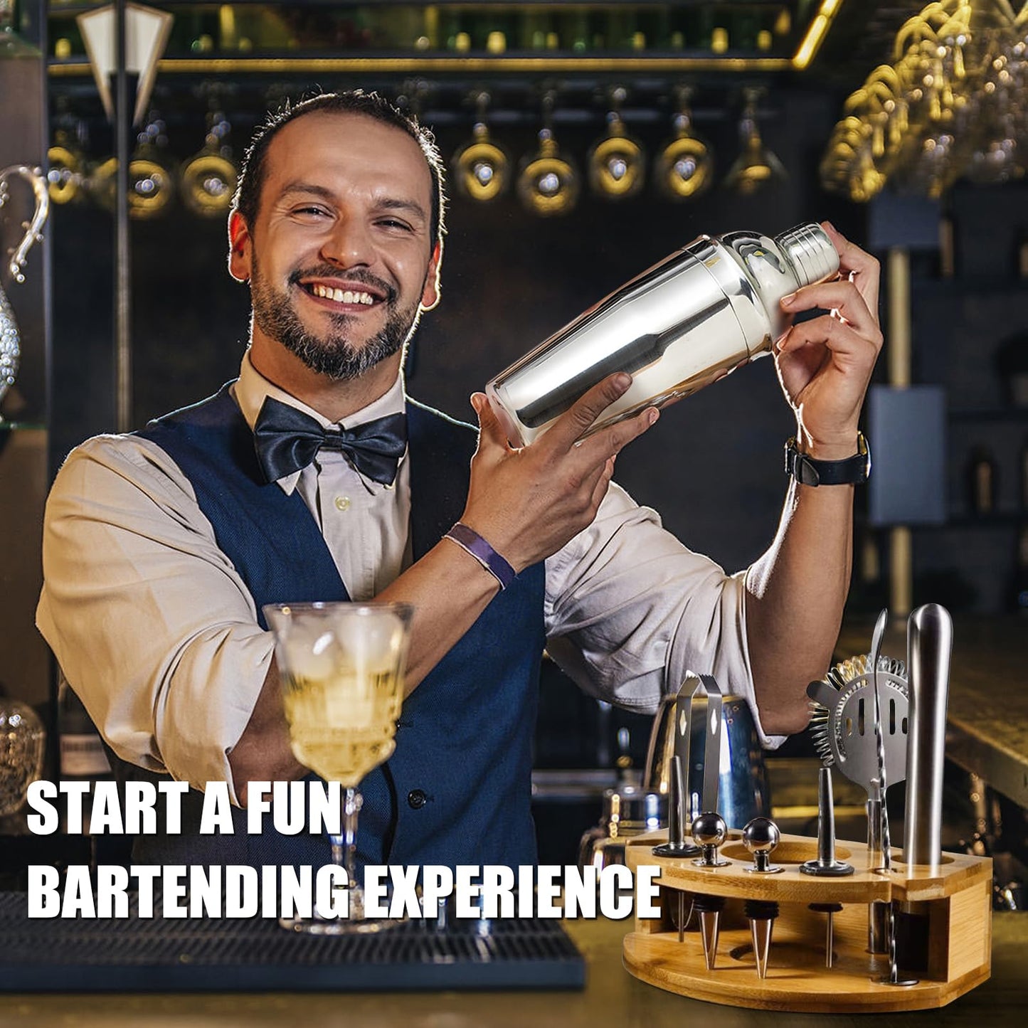 AOKITO Cocktail Shaker Set - 750ML Stainless Steel Bartender Kit, 12 Pieces, Gift for Men, Women & Friends, Stylish Bar Tool Set with Cocktail Recipe Book.
