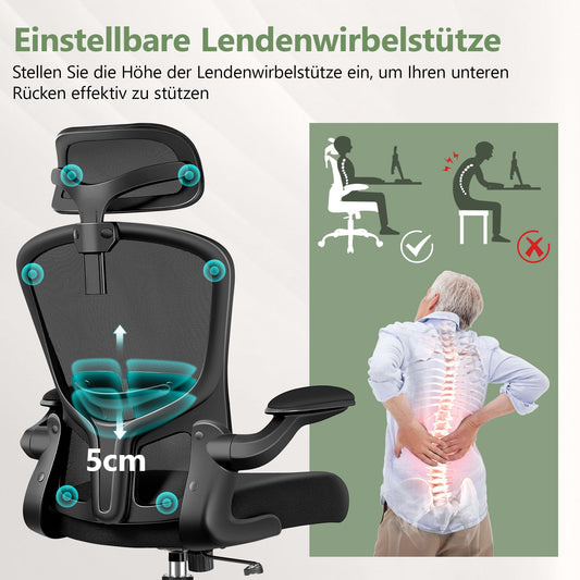 FelixKing Ergonomic Office Chair, Computer Chair, Adjustable Lumbar Support, 3D Headrest and Folding Armrests, Breathable Mesh Backrest, 300 lbs (Black)
