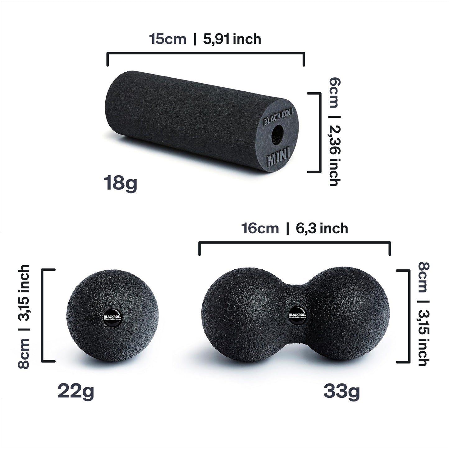 BLACKROLL® BLACKBOX fascia rollers for self-massage: Set includes STANDARD and MINI fascia rollers, BALL 08 fascia ball, and DUOBALL 08 for effective training. Made in Germany.