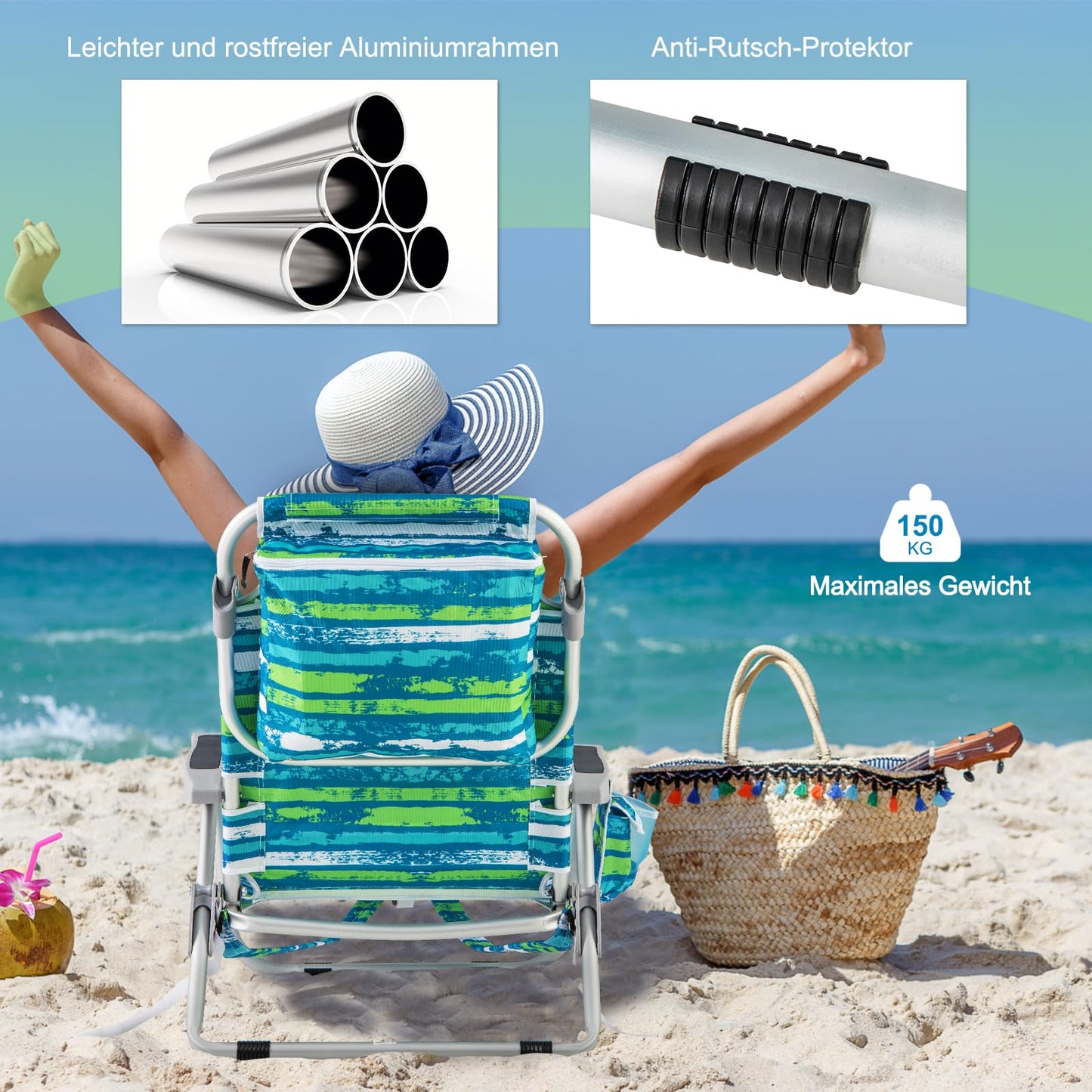 COSTWAY beach chairs foldable light, set of 2, camping chairs with adjustable backrest, headrest, side pockets, shoulder straps, towel holder & armrests, folding chairs, outdoor chairs