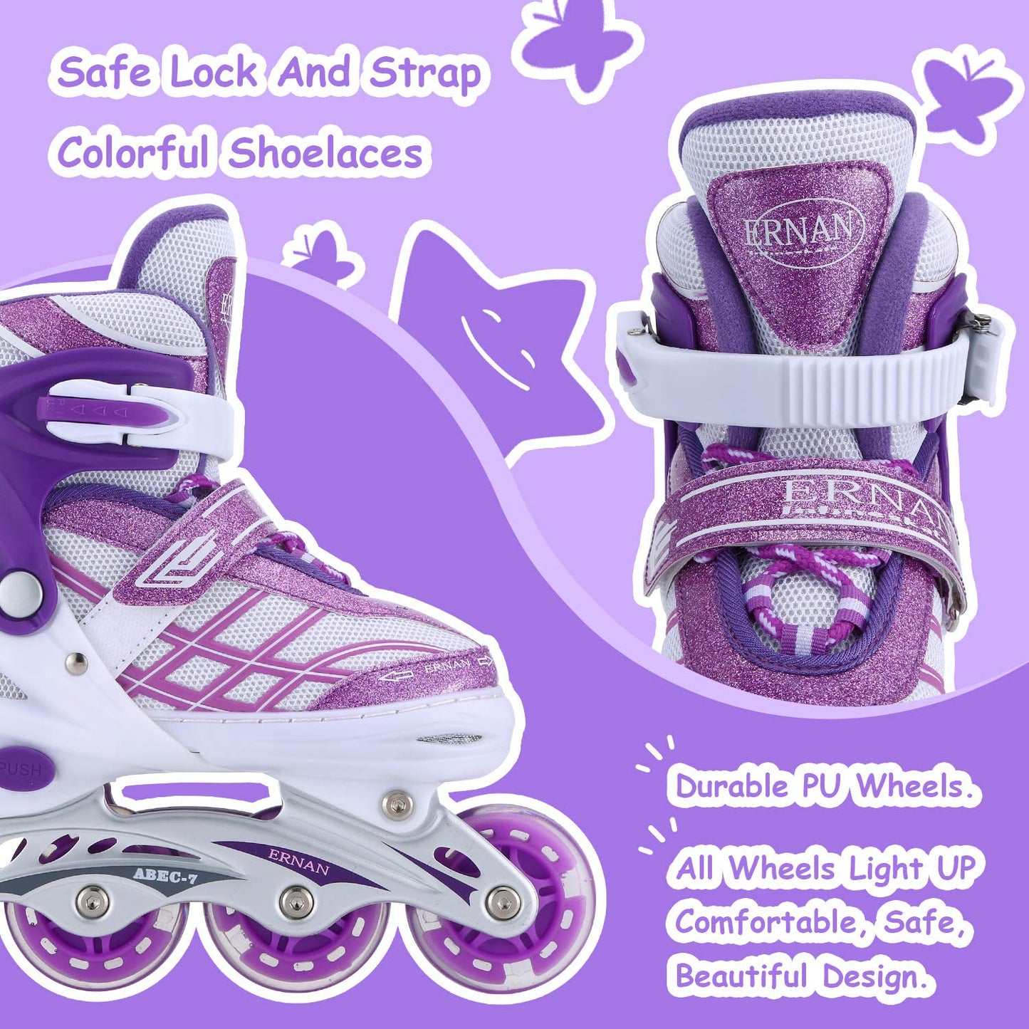 Girls' adjustable 4-size inline skates with all glowing wheels for kids girls (Purple, S (EU28-32))