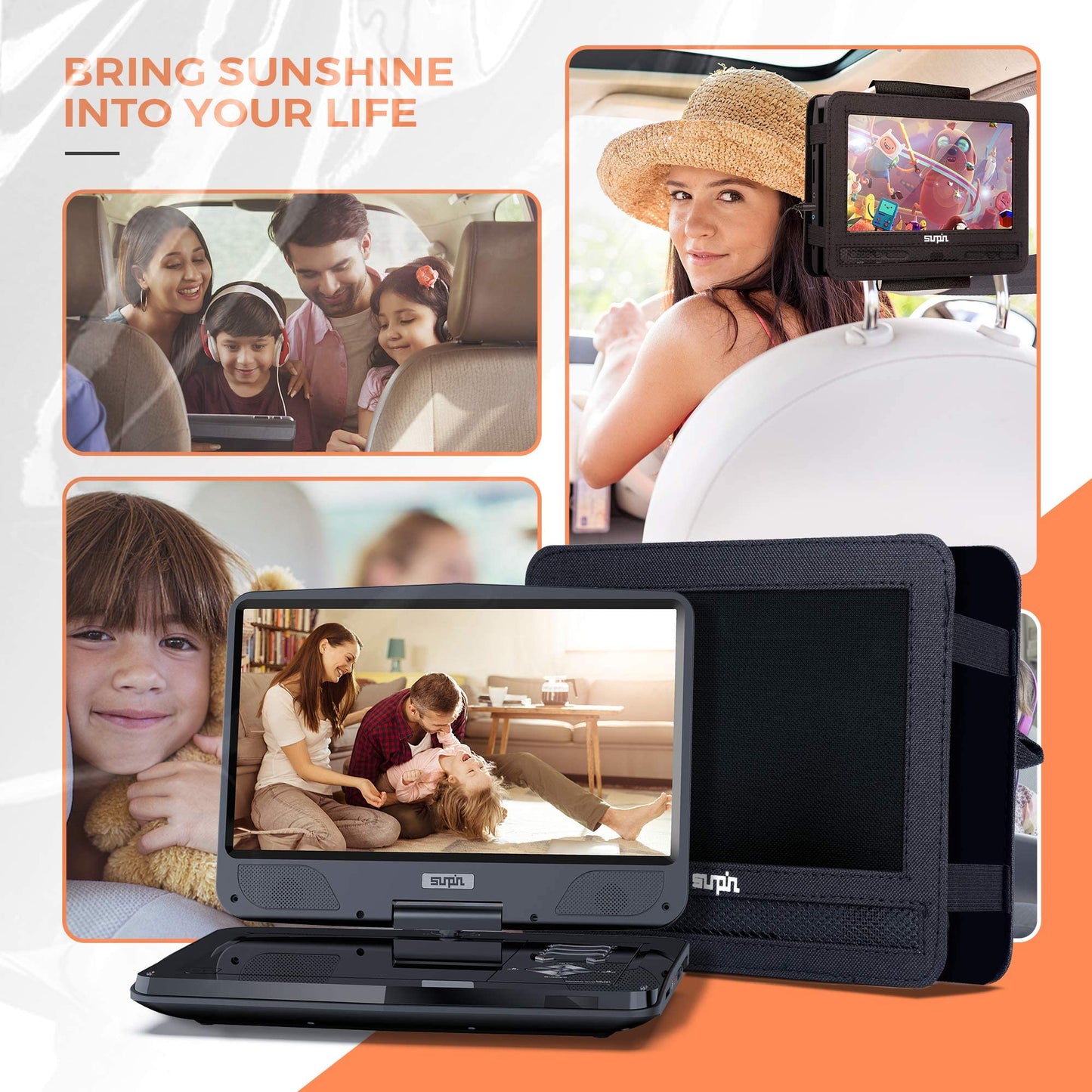 SUNPIN 12.5-inch Portable DVD Player with 10.5-inch HD Swivel Screen, Stereo Speakers & Dual Headphone Jack, Supports Sync TV/USB/SD Card, Car Headrest Mount, Black.