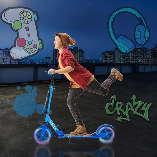 Arebos City scooter kick scooter blue adjustable in height | foldable | including carrying strap | LED wheels | hand-push brake | front-rear suspension | for kids & adults | supports up to 100kg | kick scooter
