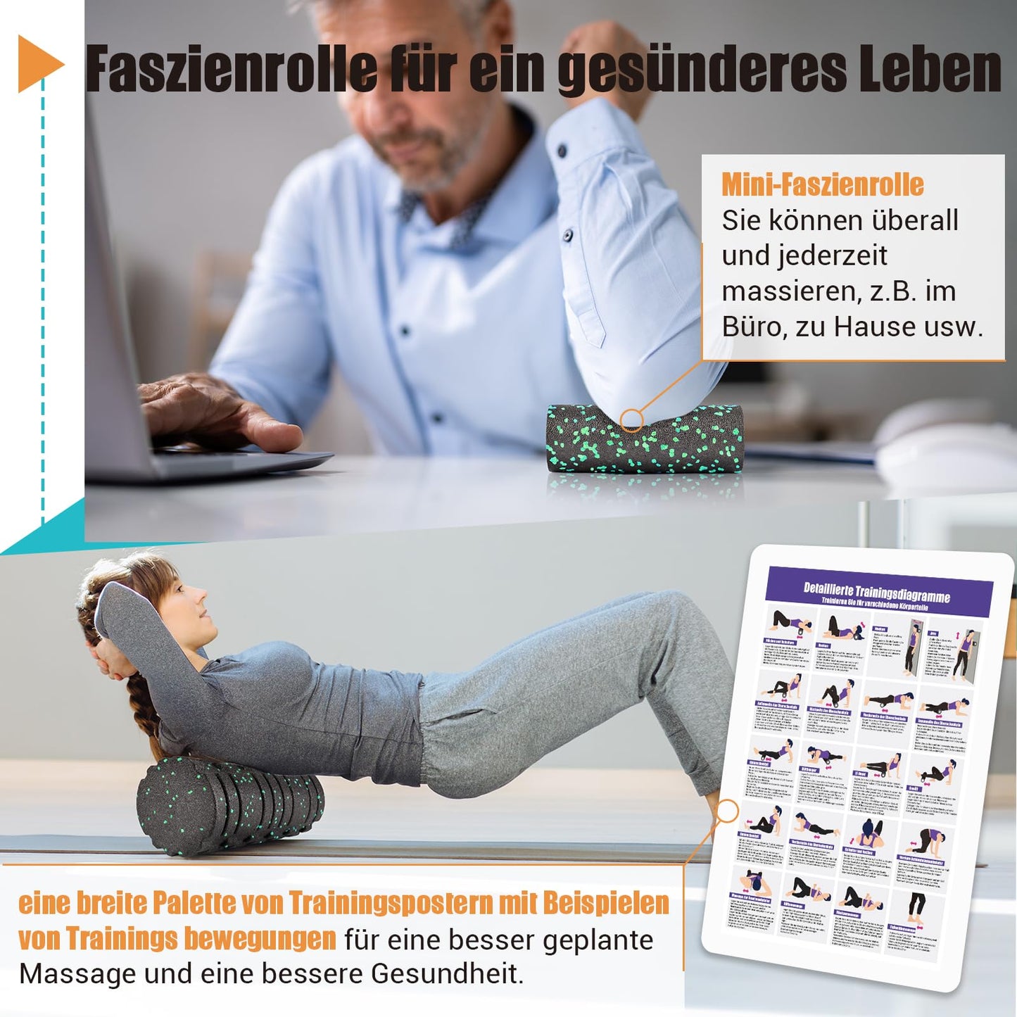 Fascia roller set, set with 3D texture massage fascia roller, mini fascia roller, fascia ball, and duo ball. Fascia set for training muscles, connective tissue, and metabolism, with training posters.