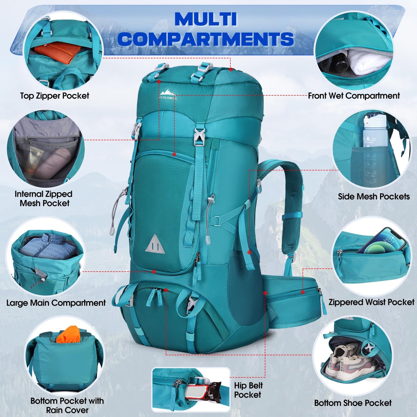 IGOLUMON trekking backpack 60L hiking backpack for men and women travel backpack large backpack with rain cover for camping trekking mountaineering outdoor travel, green