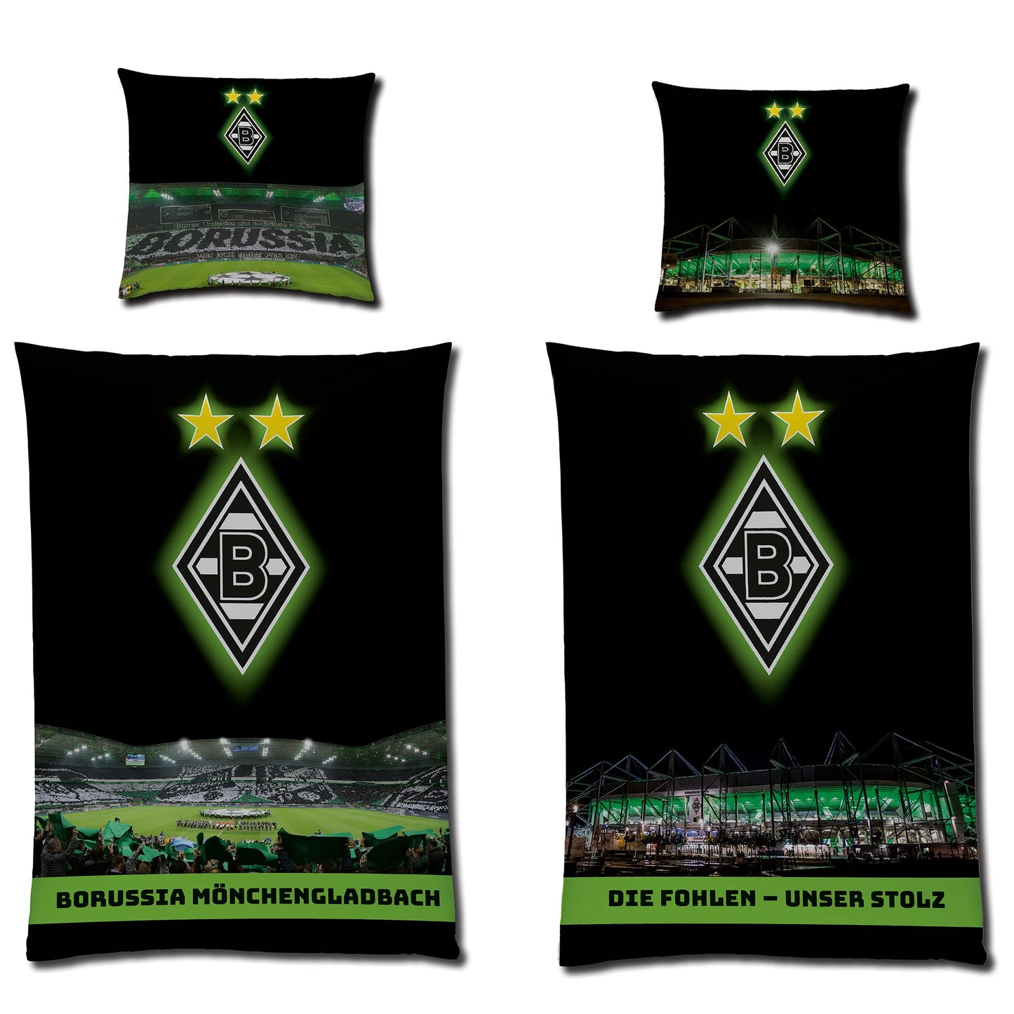 Borussia Mönchengladbach reversible bedding - Borussia-Park glows in the dark 135 x 200 + 80 x 80 cm 100% cotton Linon football fan VFL 1900 Lower Rhine German size with YKK zipper.