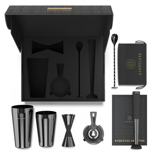 BarDeluxe® Boston Shaker Set 5-piece, Bartender Set, Cocktail Mix Set - 750ml Boston Cocktail Shaker, Stainless Steel Cocktail Set, Cocktail Accessories - Luxury Gift Set, Bag & Recipe Book (Black)
