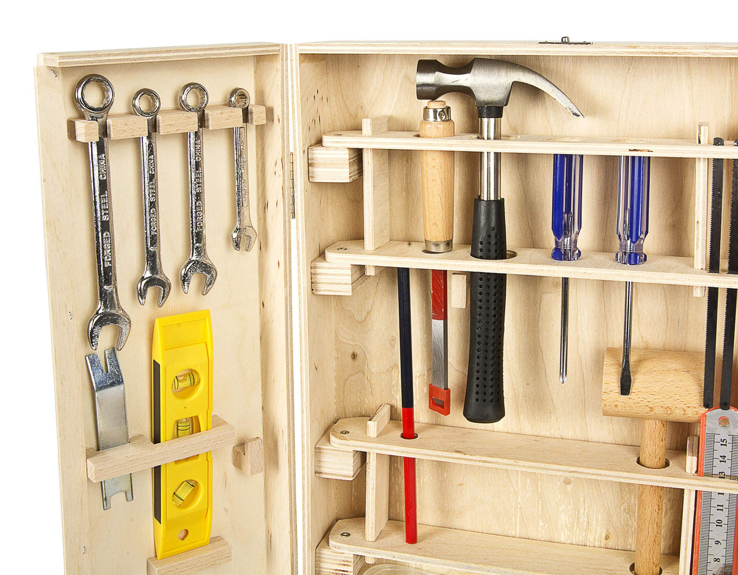 Leomark Deluxe Wooden Toolbox for Kids - 50 piece tool set, compact tool case, wooden cabinet with accessories, wooden box with metal accessories.