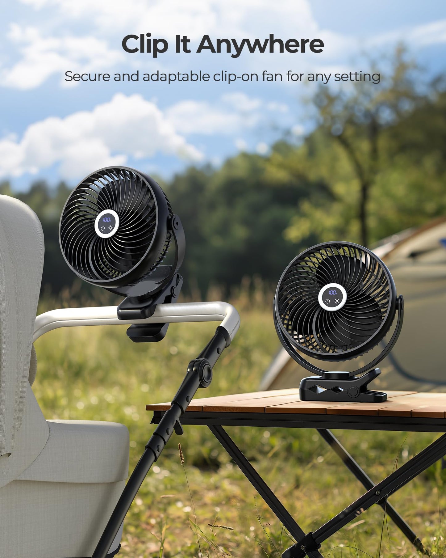 Koonie 20cm Portable Mini Clip Fan, USB Desk Fan with 10000mAh Battery, Light, Digital Display, 3 Speeds, Rechargeable Desk Fan for Home, Office, Stroller, Camping