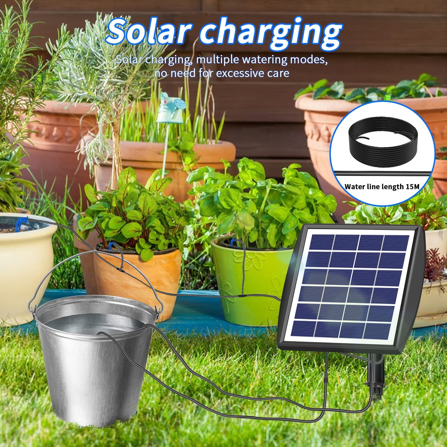 Solar automatic irrigation system set, Automatic garden irrigation system with 15 m hose for outdoor garden and balcony potted plants, vegetables.