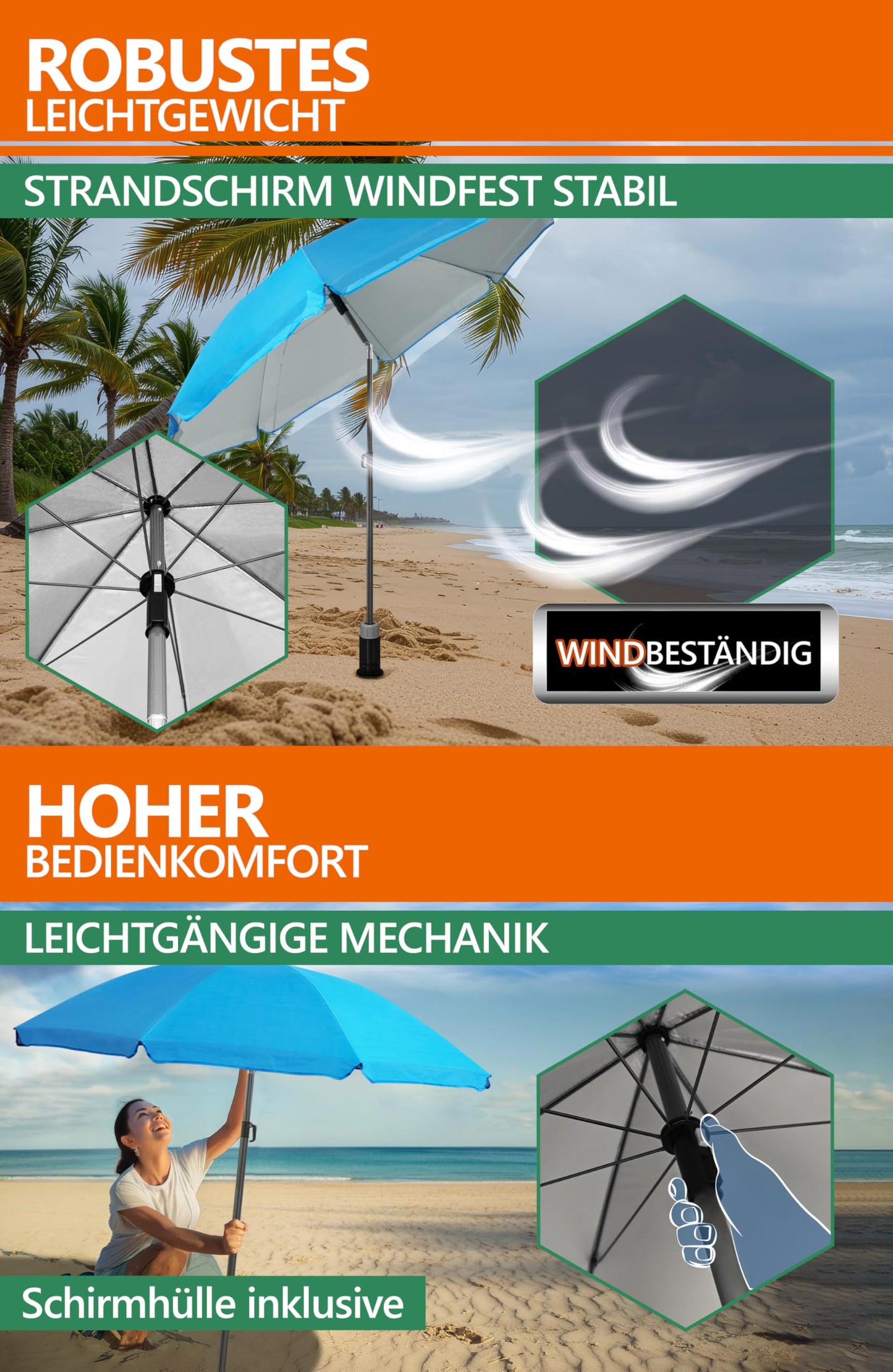 4smile beach umbrella SunnyJoy 3-IN-1-SET, blue - beach umbrella Ø 180 cm + ground sleeve + protective cover - wind-resistant and stable, with UV protection 50+.
