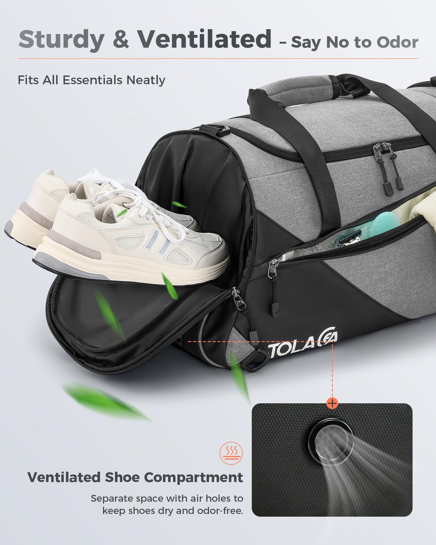Tolaccea 47L Large Sports Bag Backpack with Shoe Compartment Wet Compartment Weekender Duffel Bag Gym Training Bag for Men Women Gym, Travel, Swimming, Sauna, Soccer (Gray)
