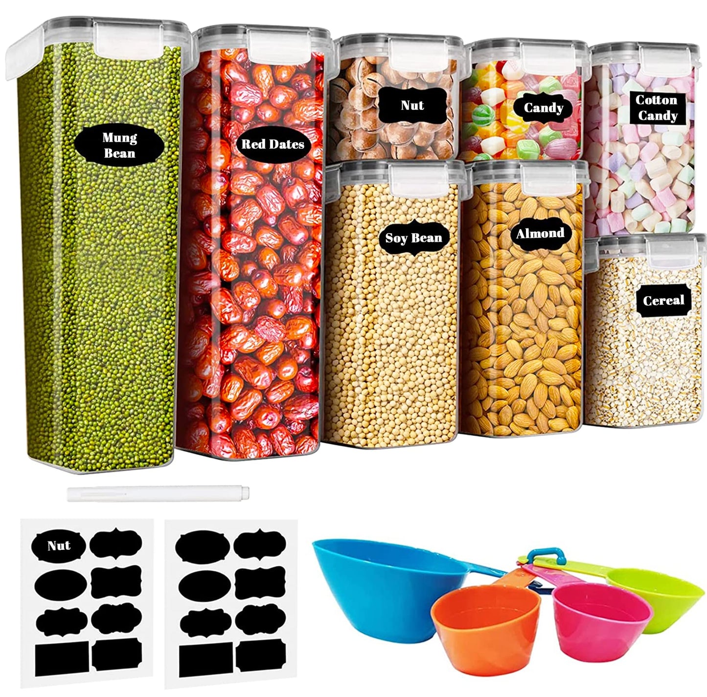 Baozun airtight food storage containers 8-piece set, kitchen storage box with plastic lids, cereal container for grains, flour, cereal (2.8L/2L/1.4L/0.8L)*2