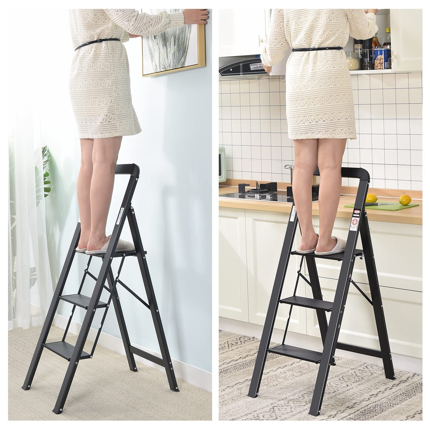 KINGRACK Aluminum Ladder, 3-Step Folding Step Ladder with Handrail, 150kg Capacity, Non-Slip Household Ladder with Locking Mechanism, Aluminum Ladder for Home, Office, Garden, Black.