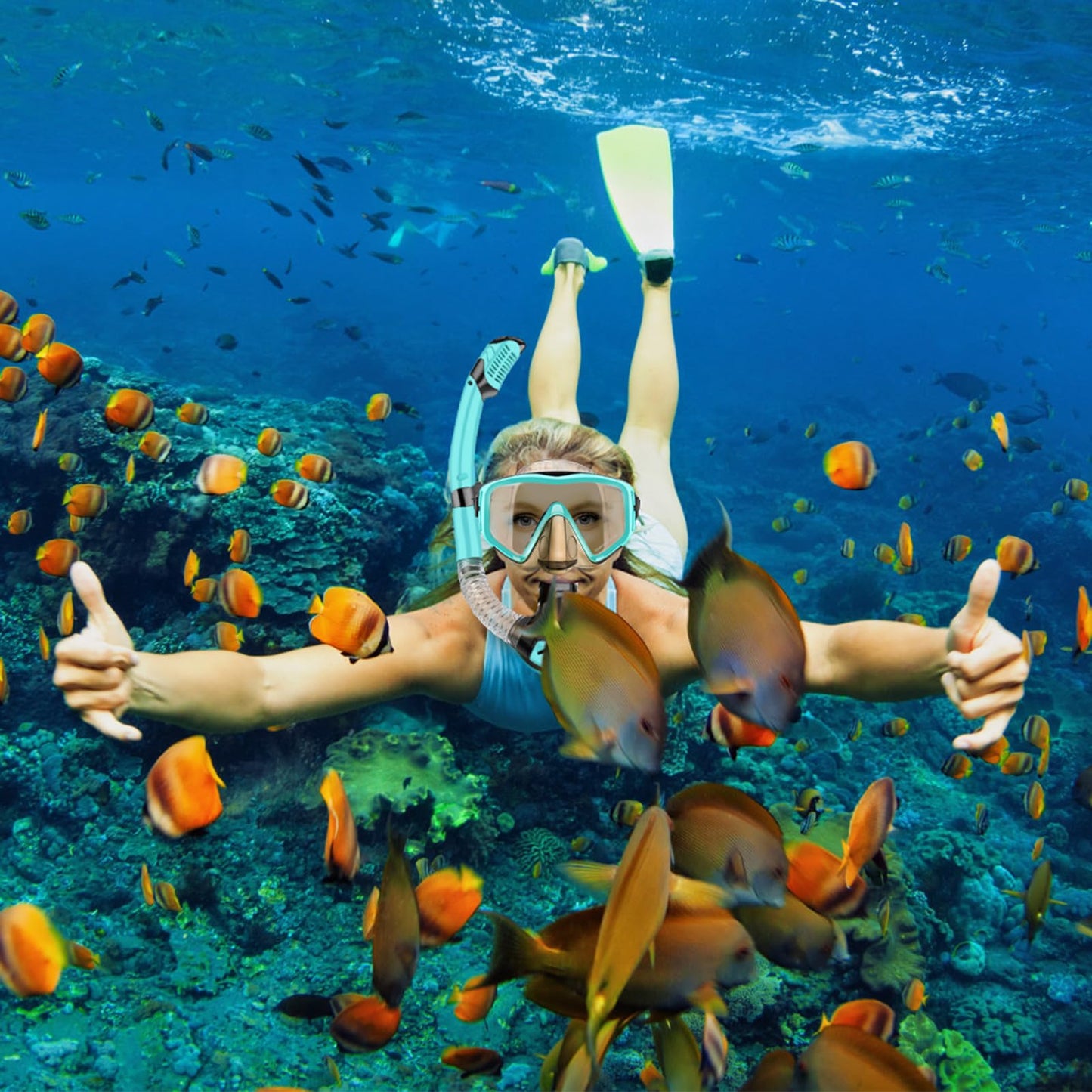 Adult Snorkeling Set, snorkel set with diving mask and dry snorkel, waterproof anti-fog/anti-leak snorkel mask made of tempered glass for snorkeling, swimming, and diving.