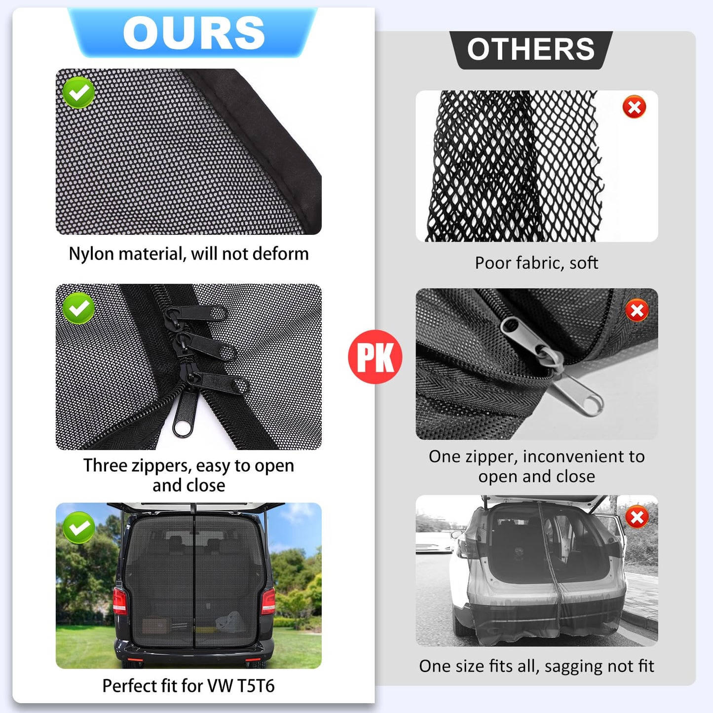 ZATOOTO car sunshade for VW T5 T6, trunk cover with triple zipper, magnetic divider curtain shade net mosquito net for camping travel.