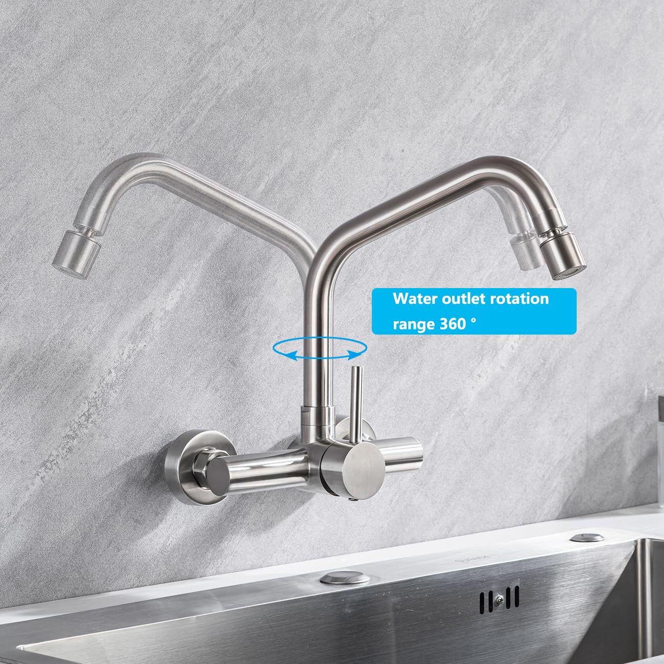 ONCE wall-mounted kitchen faucet with 2 spray settings, kitchen faucet wall mixer with 360° swivel, wall-mounted kitchen sink faucet in brushed stainless steel, matte.