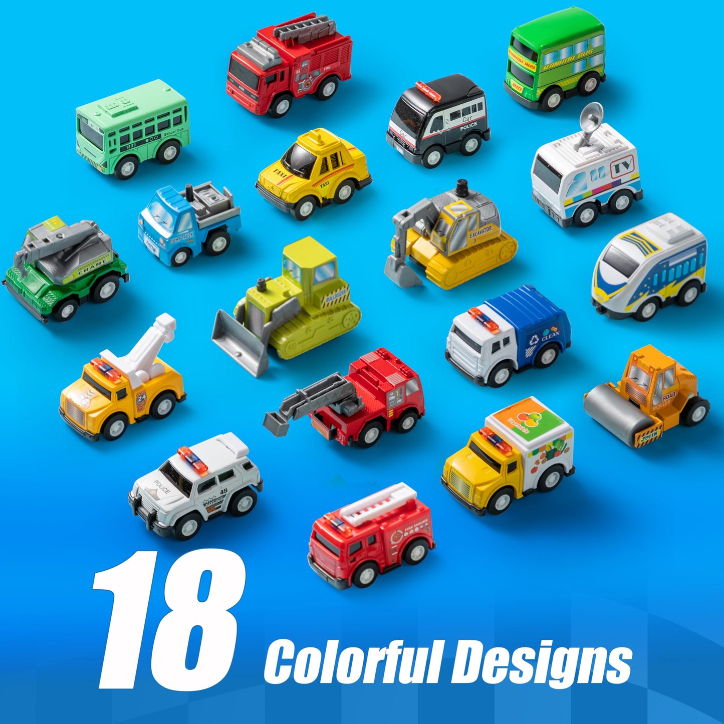 JOYIN 18 Piece Pull Back City Cars and Trucks Toy Vehicle Set, Model Car, Friction Powered Die-cast Cars for Toddlers, Boys, and Girls learning play