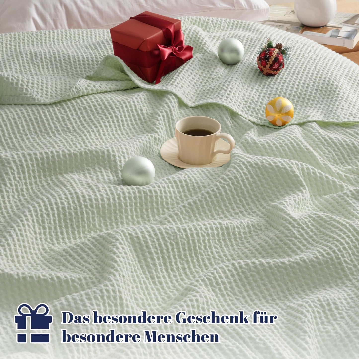 PHF 100% Cotton waffle blanket Throw 150x200cm, lightweight & breathable, perfect for summer - Oeko-TEX® Certified - Hotel-grade quality - Ideal for sofa, couch, bed, Grass Green.