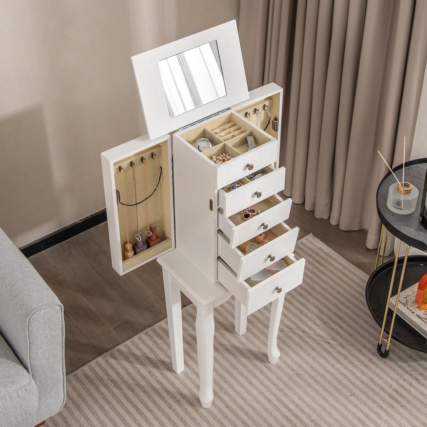 HOMASIS Jewelry Box with 4 Drawers & 8 Hooks, Jewelry Cabinet with Mirror, Jewelry Case with 4 Solid Wood Legs, Jewelry Storage for Wardrobe, Bathroom, Bedroom, White