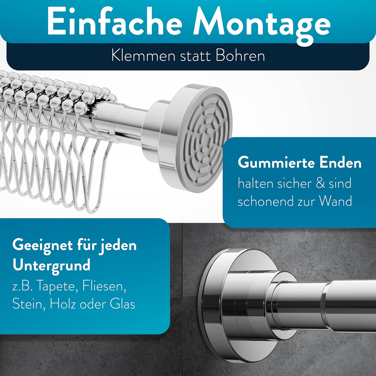 Benksteinยฎ extendable shower rod without drilling 125-220 cm - Stainless steel curtain rod with 12 rings - Telescopic tension rod stable curtain rod without drilling shower rod curtain rod without drilling