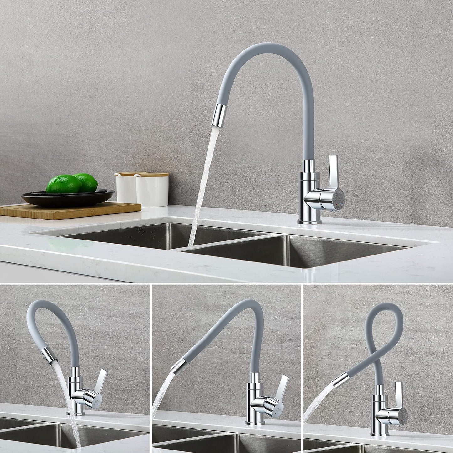 Kitchen faucet with flexible silicone hose, Auralum high-pressure kitchen tap, kitchen faucet 360° rotatable, mixer tap with flexible spout (grey)