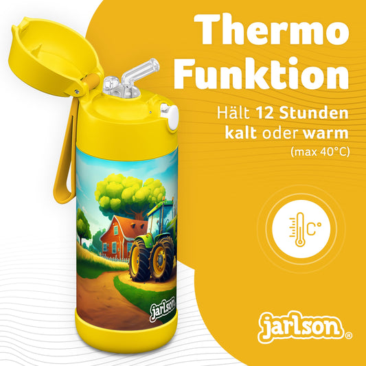 Jarlson® Stainless Steel Kids Water Bottle CHARLI with Straw - Thermos Bottle 350ml - TUV certified - BPA free - Leakproof - Thermal Water Bottle for School, Kindergarten - Tractor design, 350 ml
