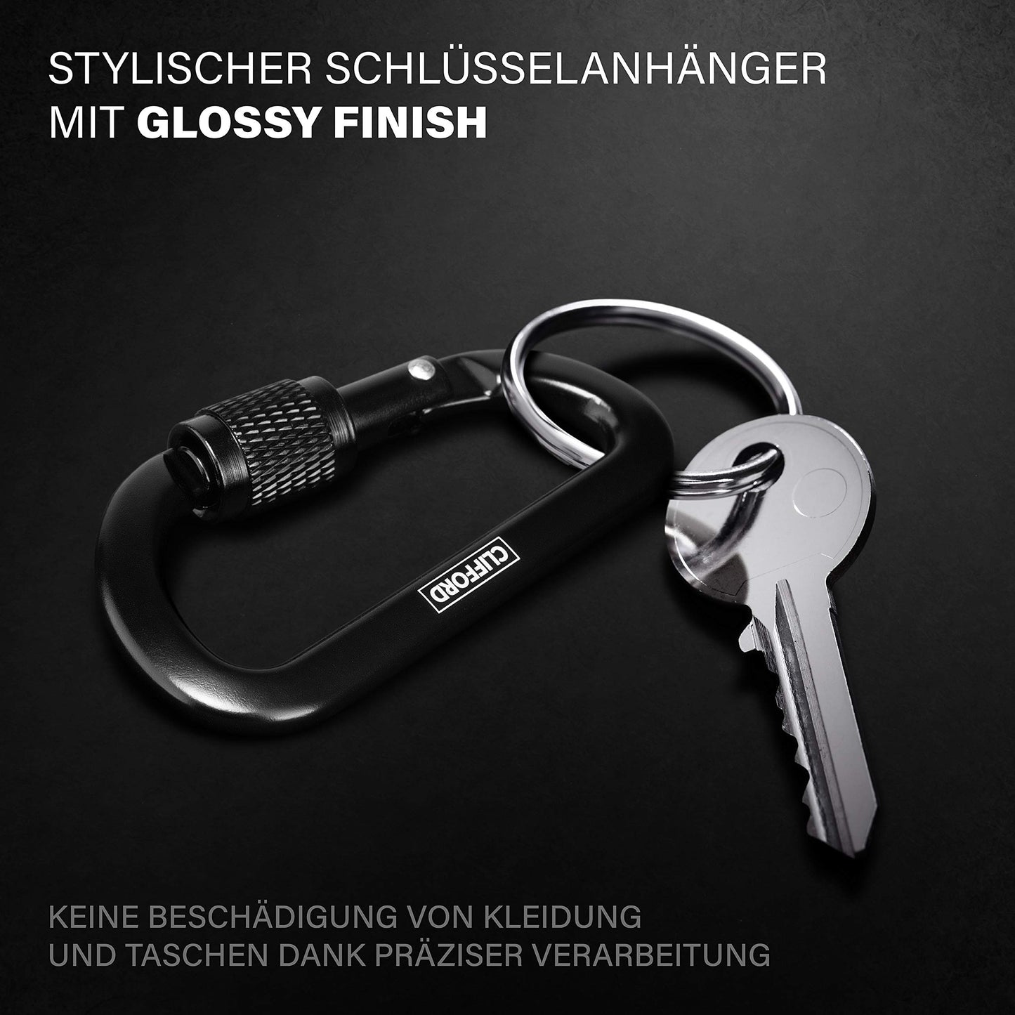 CLIFFORD Mini carabiner I 120 kg load capacity I Carabiner keychain made of durable aluminum 6082 I Key carabiner I Small black carabiner hook for keychain, key rings, camping.