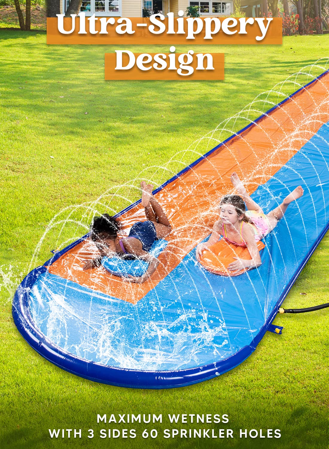 SLOOSH 22.5ft x 62in/685.8*157.5cm Double Lawn Water Slide, sturdy water slide with sprinkler and 2 inflatable boards for kids and adults, summer party, backyard, outdoor water activities.