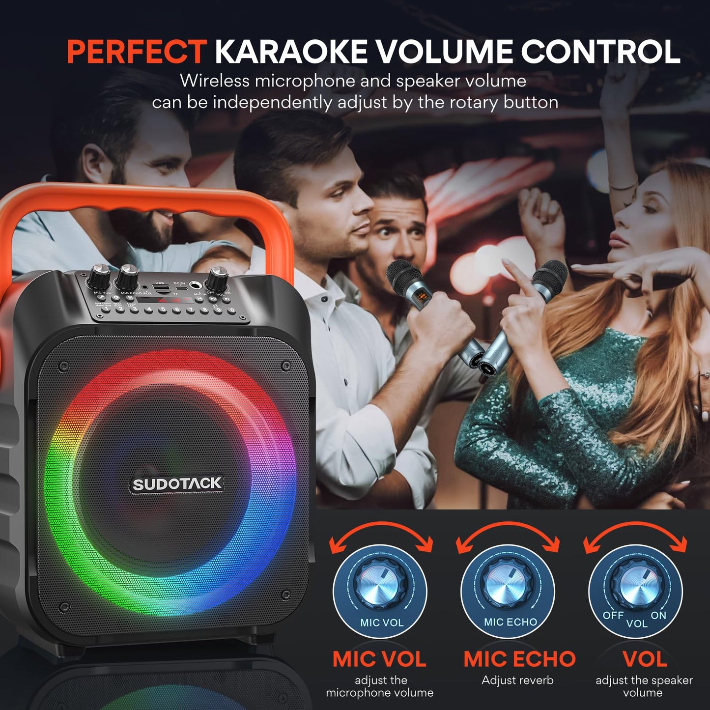 SUDOTACK Portable Karaoke Machine with 2 wireless microphones, Bluetooth speaker box for adults/kids with lighting effects, supports TF/USB, AUX in, FM, REC, TWS for karaoke, parties, birthdays.