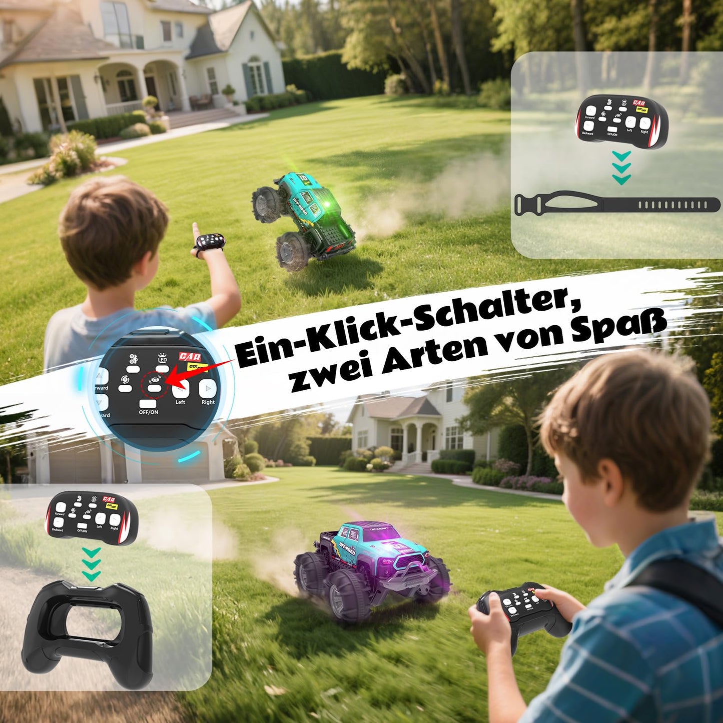 4WD Amphibious Remote Control Car, RC car waterproof with gesture sensor, LED light & 2 batteries, Gift for boys & girls 4-12 years old, Toy car for sand, water & terrain, Compatible with building blocks