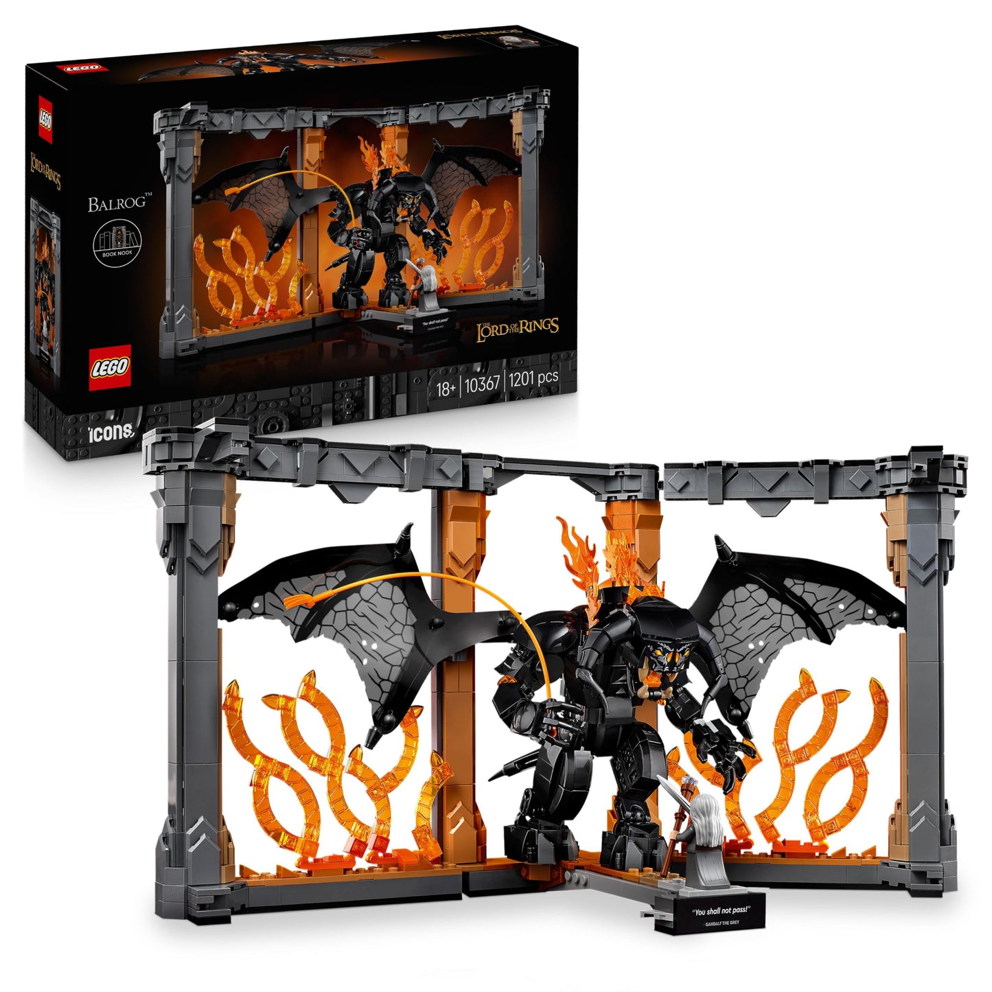 LEGO Icons The Lord of the Rings: Balrog Bookend - Adult collectible display toy featuring Gandalf the Grey minifigure and Balrog figure - Collector's gift item - 10367
