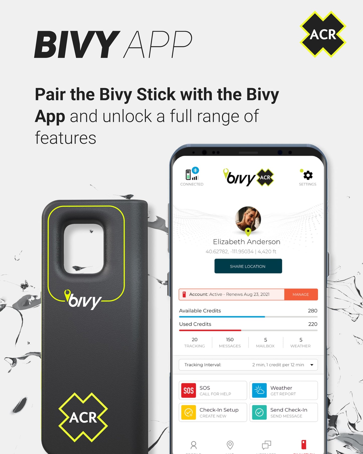ACR Bivy Stick Satellite Communicator - Two-way text messaging, GPS tracking, maps and navigation, emergency SOS, weather reports, and location sharing, app compatible.