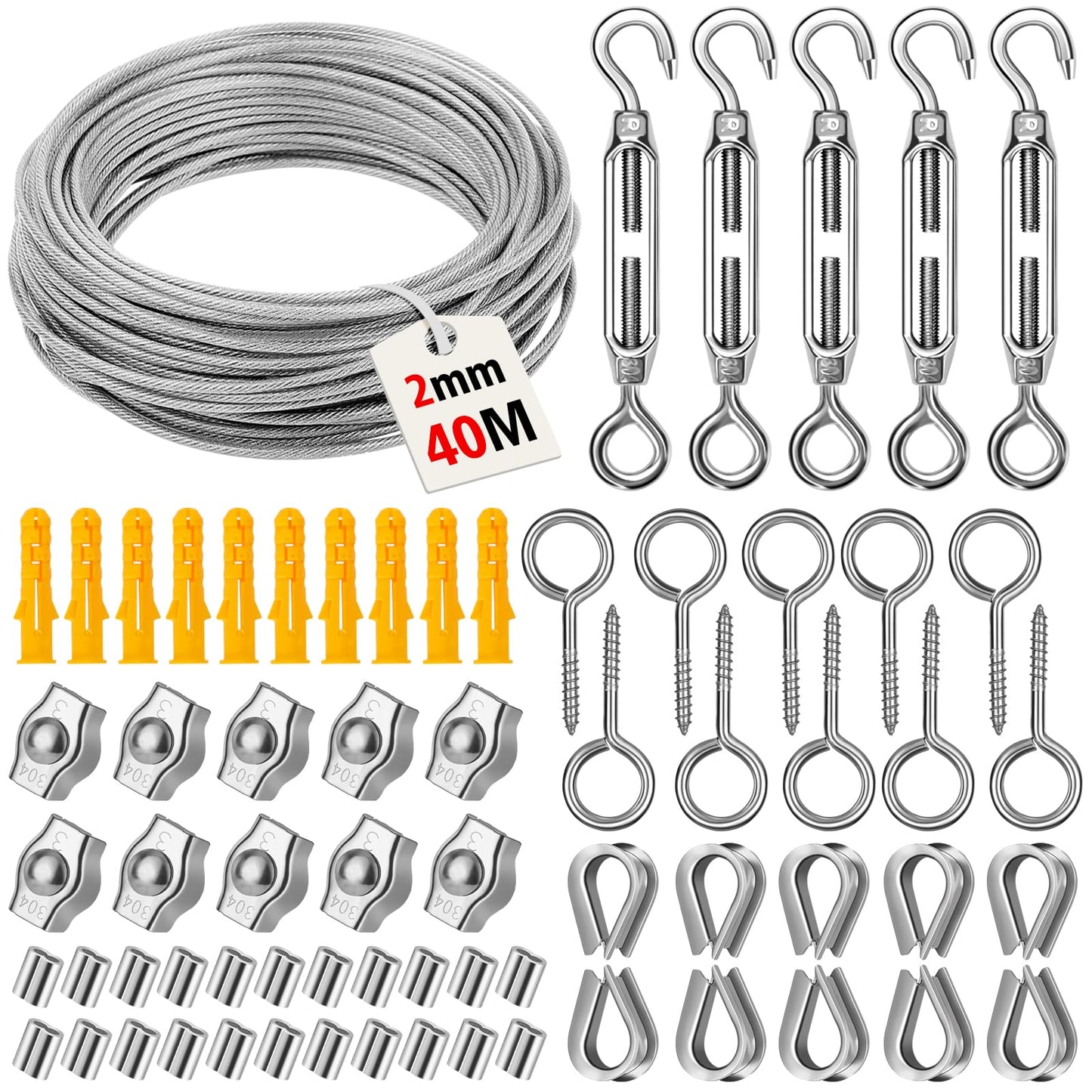 40m 2mm wire rope, CGBOOM 304 stainless steel wire rope tensioner, steel wire coated, with eyelets cable tensioning set, for climbing plants trellis, clothesline, curtain wire, lights, deck cable railing