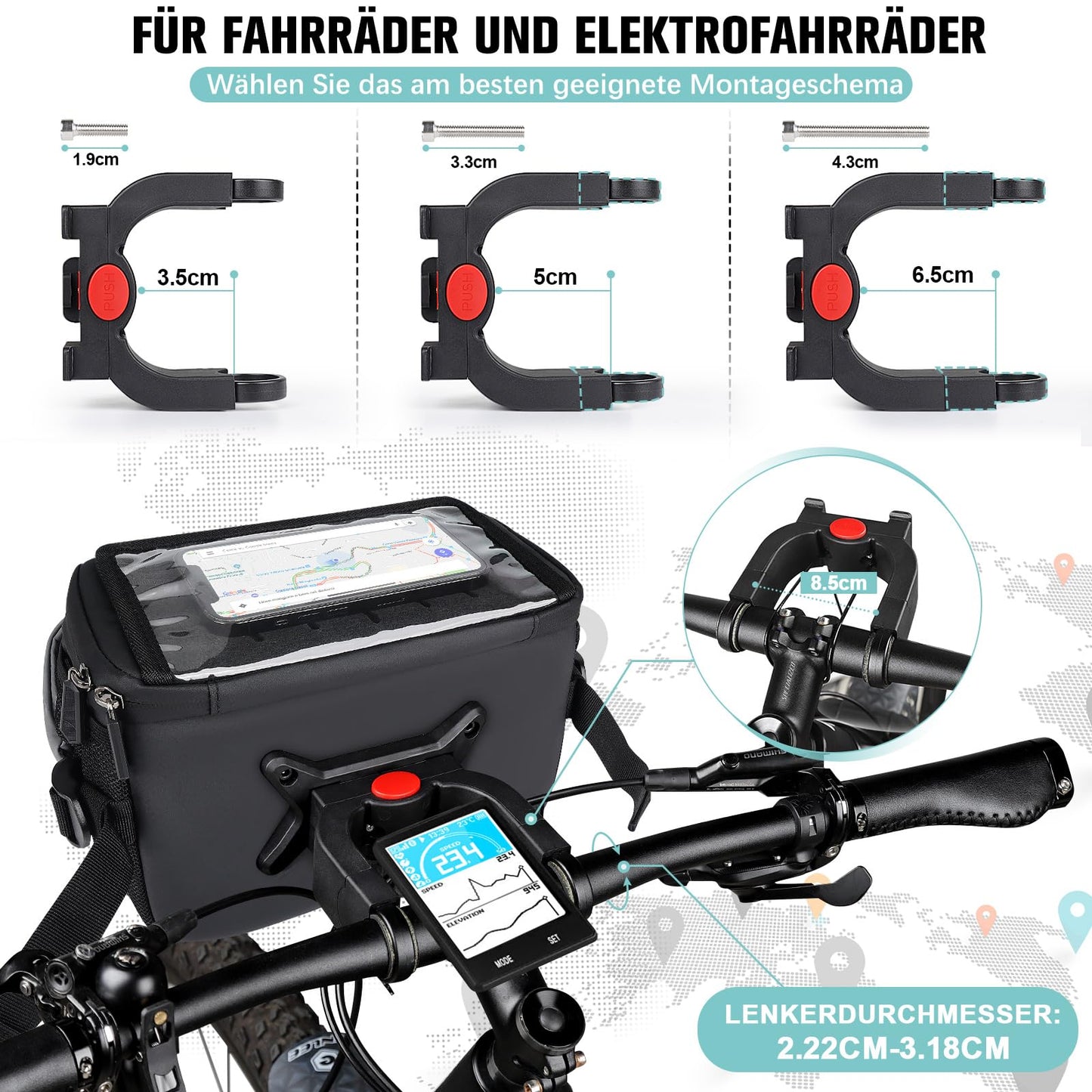 GXCROR Bicycle Handlebar Bag 4.7L with Quick Release | Stable Holder for City & Trekking | Waterproof + Phone Pocket + Drink Holder