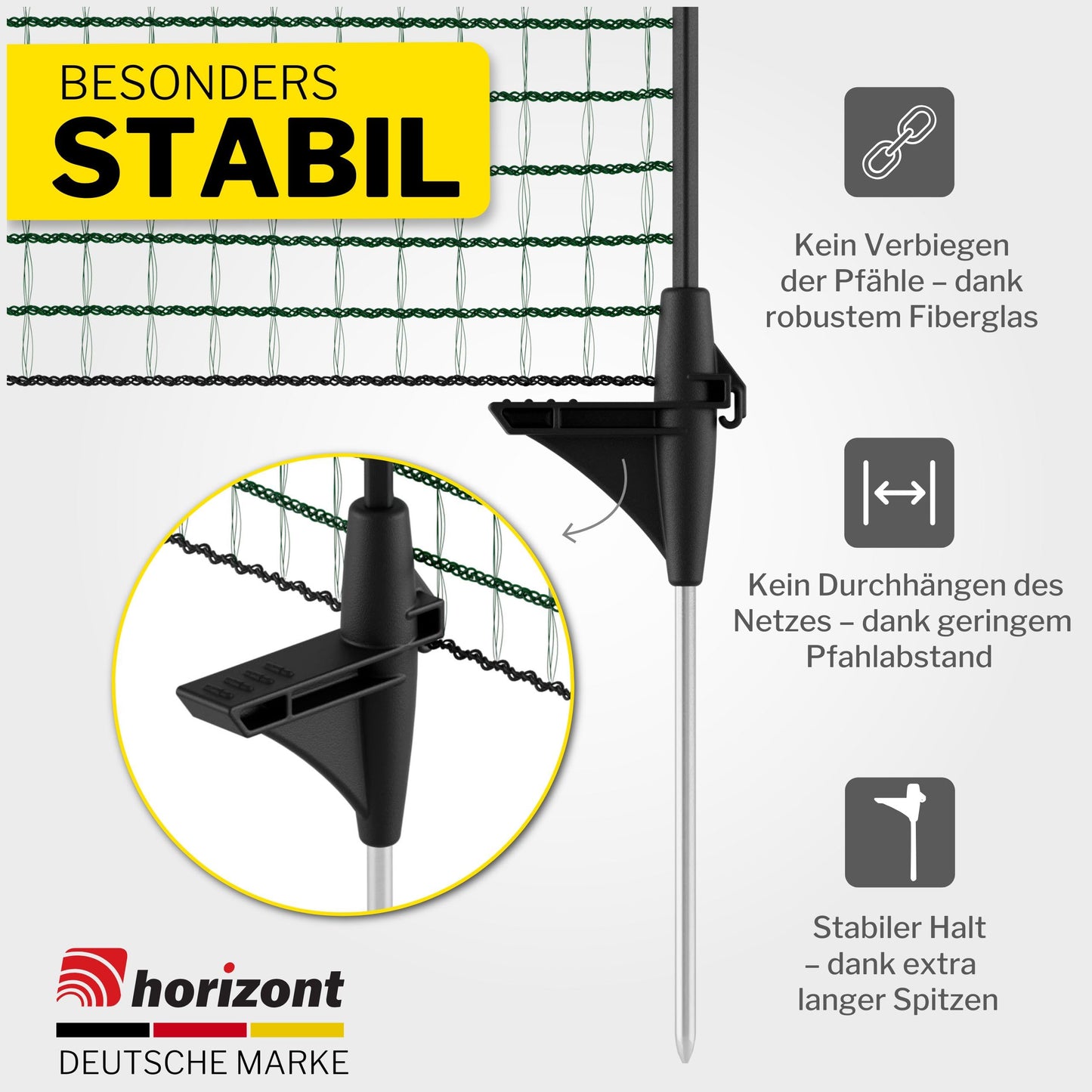 Fixed horizon boundary fence, mobile 15m long & 90cm high fence, close-knit, 9 poles, protection for garden beds, garden net, perfect for camping, dog fence, barrier fence, stake fence.