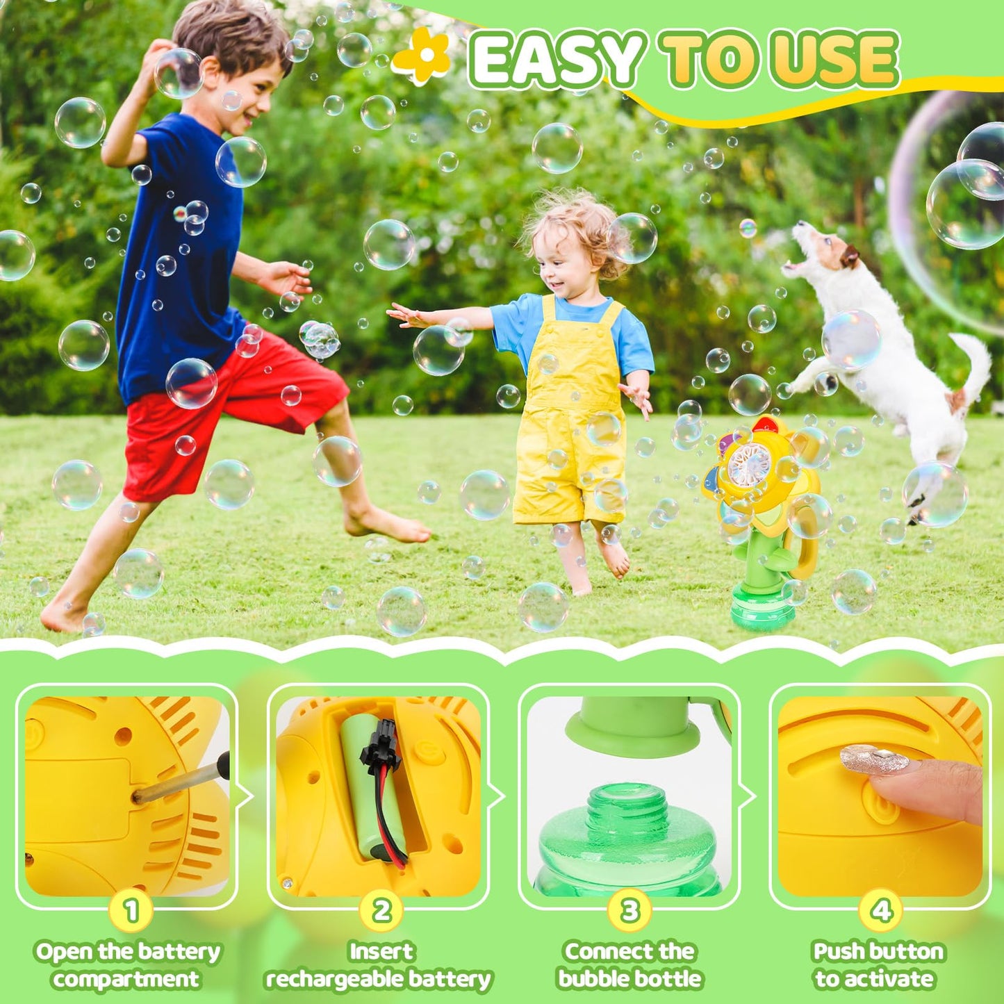 Jovico's bubble machine for kids, Rechargeable dancing sunflower bubble machine, Glowing bubble maker, Baby bubble blower bubble toy for kids.