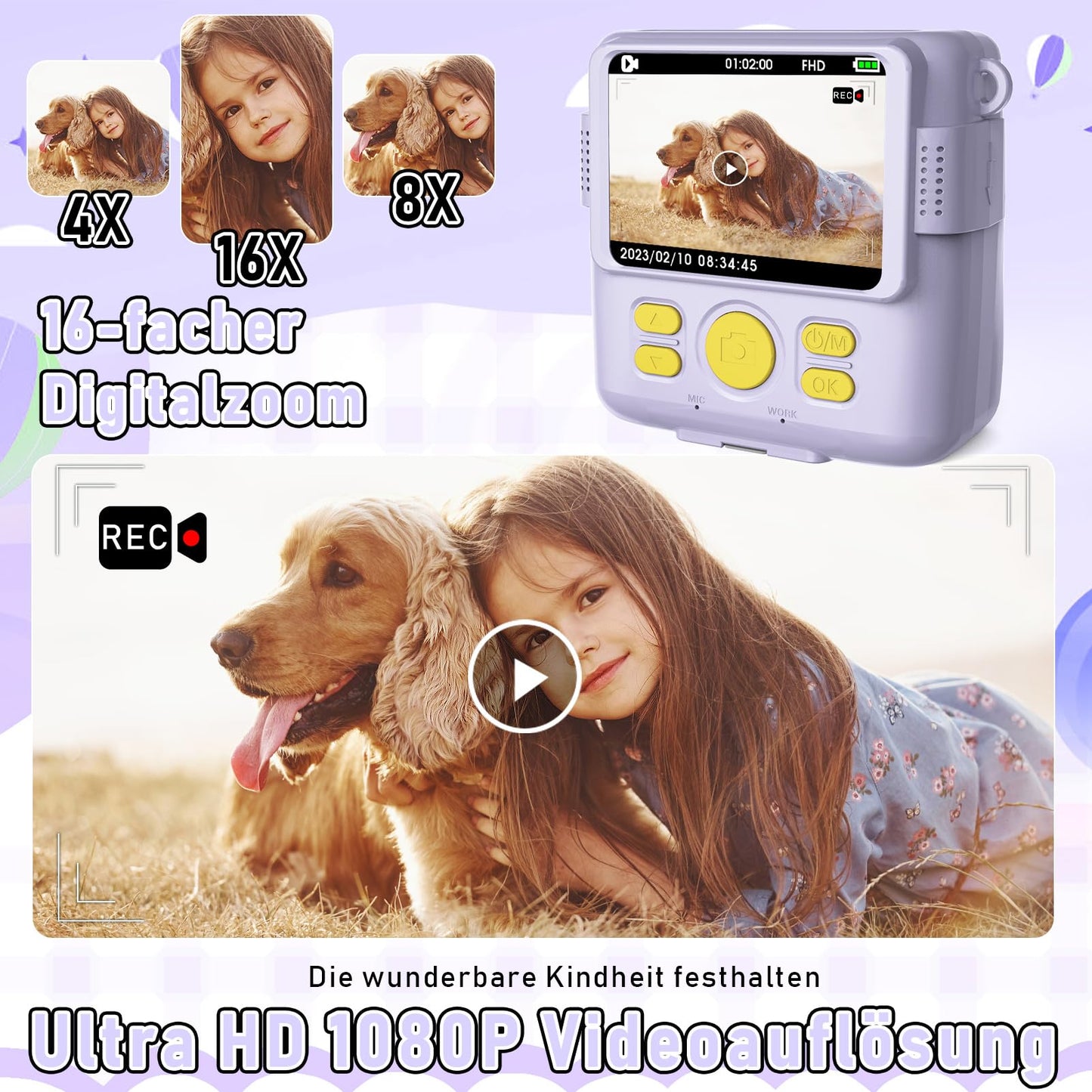 MILFECH Kids Camera Instant Camera, 1080P 2.4 Inch Screen Digital Camera for Kids with 5 Rolls Print Paper, 32GB Card, Photo Camera with 6 Colored Pens, 2 Sticker Gifts for Kids (Purple)