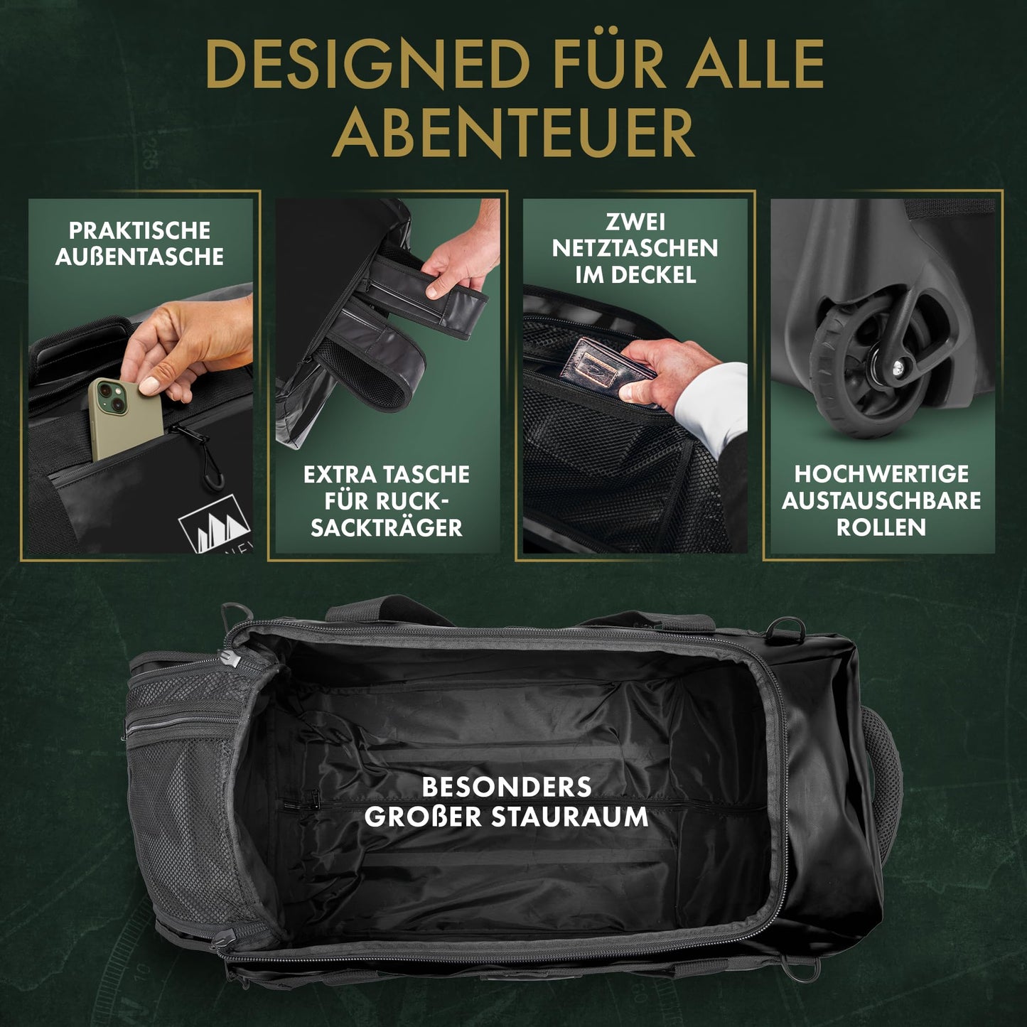 BEN NEVIS ORIGINAL 80L rolling duffle bag – XXL foldable travel & gym bag, water-resistant, durable & compact