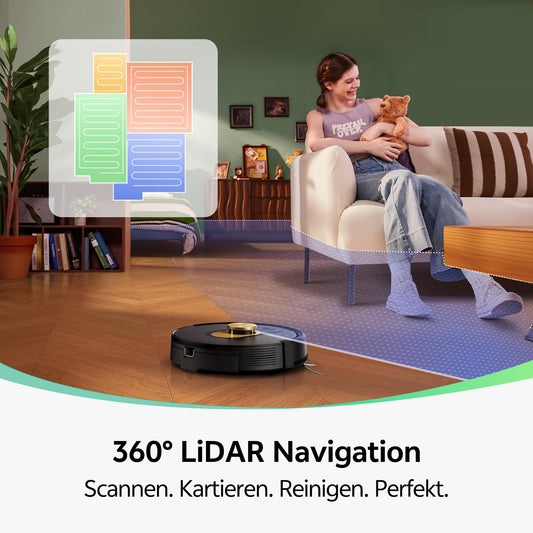 Vexilar W9 Vacuum Robot with mopping function, 5000Pa suction robot with LiDAR navigation, 3-in-1 vacuum and mop robot, 150 min max, 15 no-go zones, app control, ideal for pet hair and carpet.