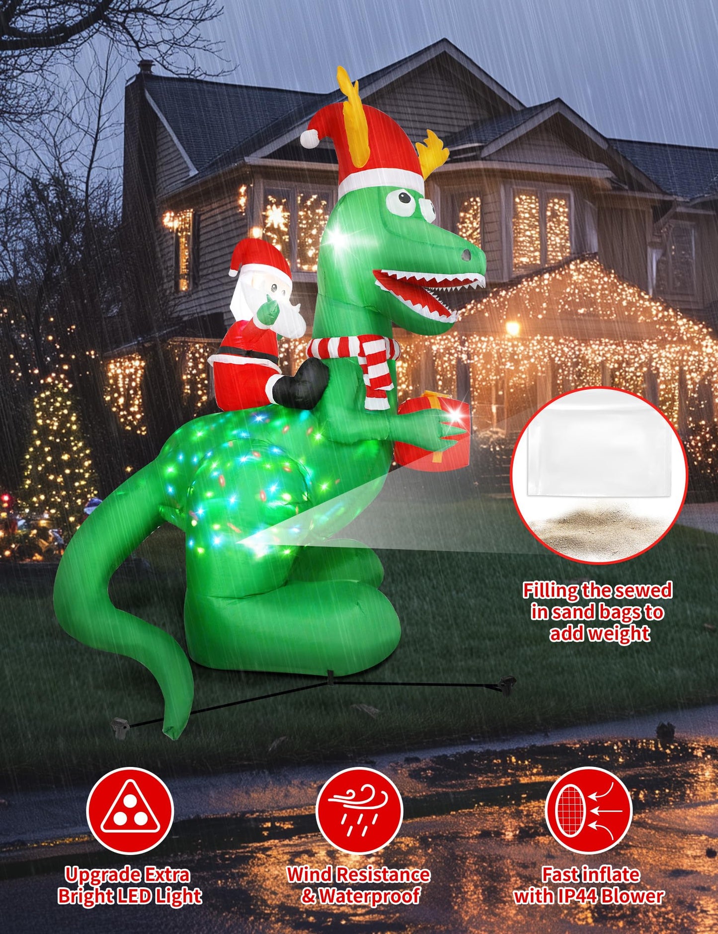 Vintoney 8ft/244cm Christmas Inflatable Dinosaur and Santa Claus Inflatable with Rotating LED Lights Yard Decoration Snowball Inflatables Indoor Outdoor Christmas Decorations