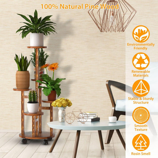 Wuciray Flower Stand Wooden Plant Stand with Wheels 5-Tier Plant Ladder Plant Shelf Flower Bench Flower Shelf Flower Stairs Balcony Shelf Indoor Outdoor Patio decor Apartment