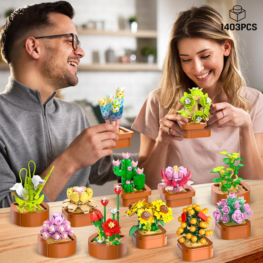 12 flower succulents 3.6MM mini kits - 1403 pieces Botanical set, office & home decor, flower plants, bonsai building toys, creative construction project for adults, gifts for women, children 10+