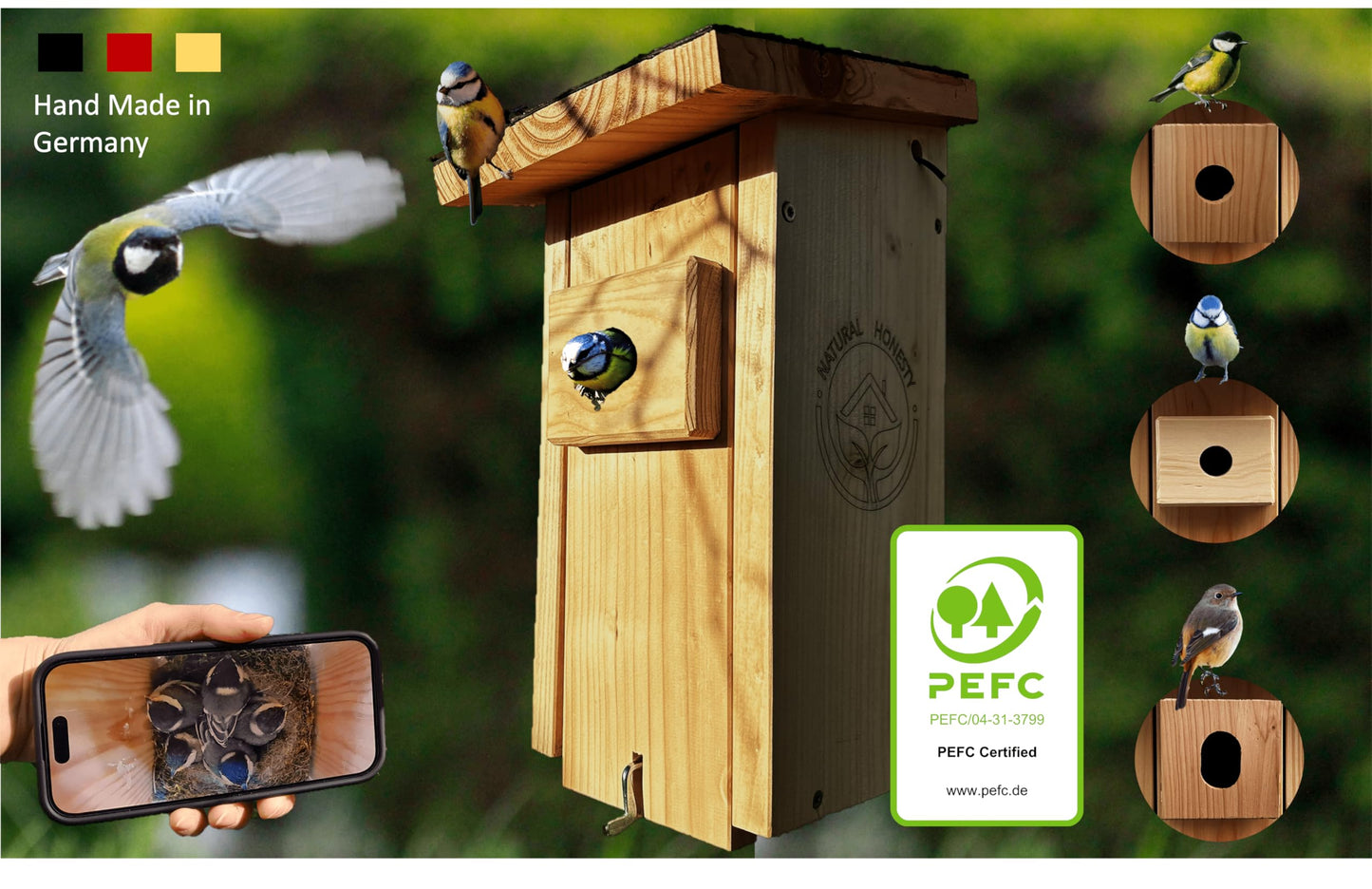 High-quality nesting box with camera | Live stream | PEFC® certified solid wood | Breeding box | Camera birdhouse with 3m power cable | Gift idea for the garden.