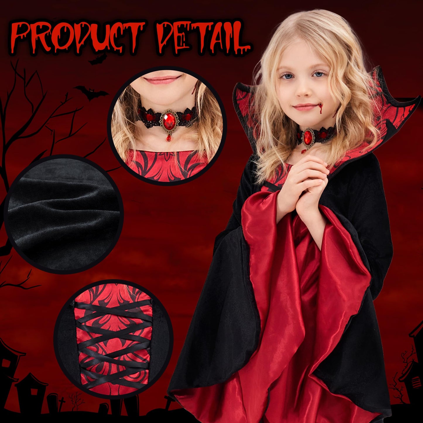 Funnlot Vampire Costume Girls Gothic Halloween Costume Dress with Vampire Teeth Kids Carnival Costume Cosplay M(7-9 Years)