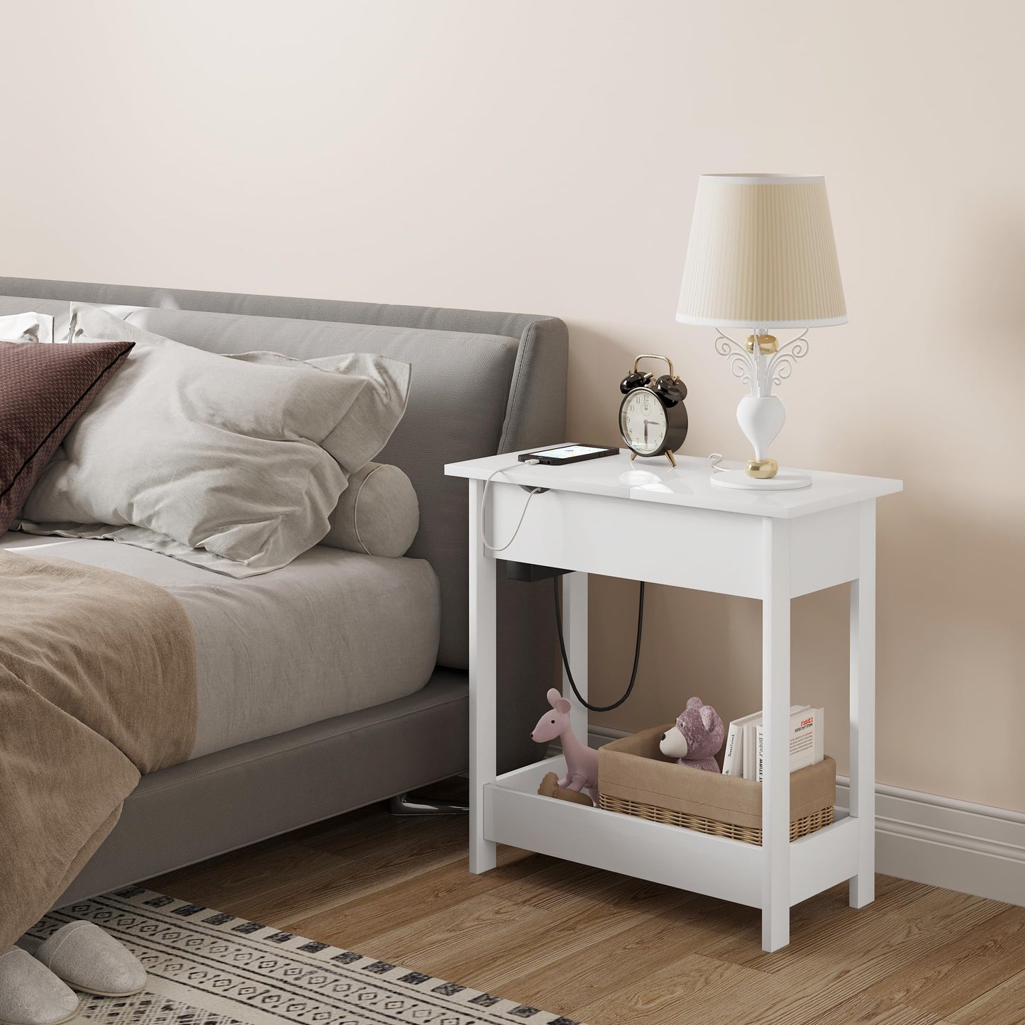 EUGAD Side Table, Bedside Table with Socket, Coffee Table, End Table, Console Table, Foldable Tabletop, 3 Shelves, for Living Room Bedroom Kitchen, White, 0001CHJ
